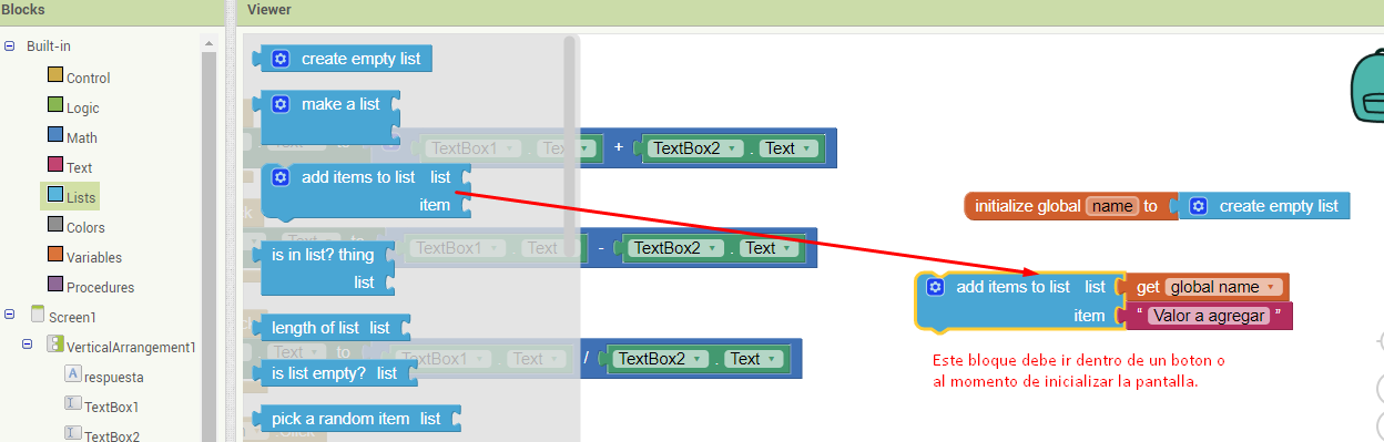 agregar elementos a una lista en app inventor