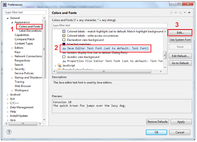 cambiar fuente y tamaño en eclipse java