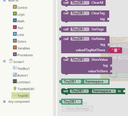 tinydb metodos app inventor