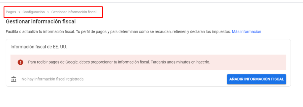 gestionar informacion fiscal de google adsense