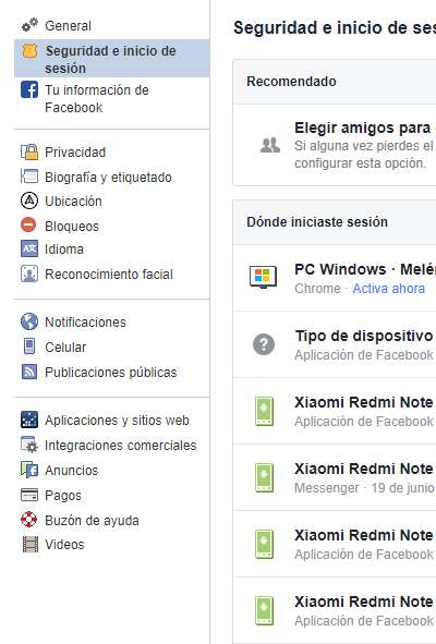 sesiones iniciadas en facebook