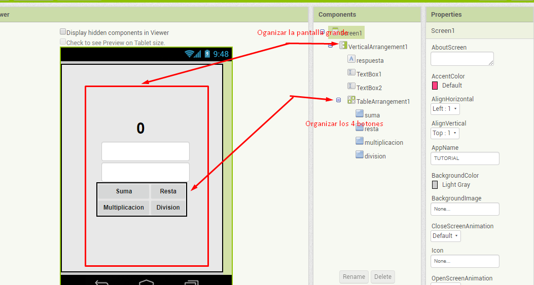 organizar botones y elementos en app inventor con layouts