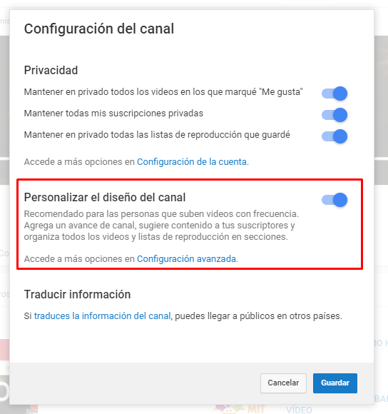 habilitar diseño personalizado del canal