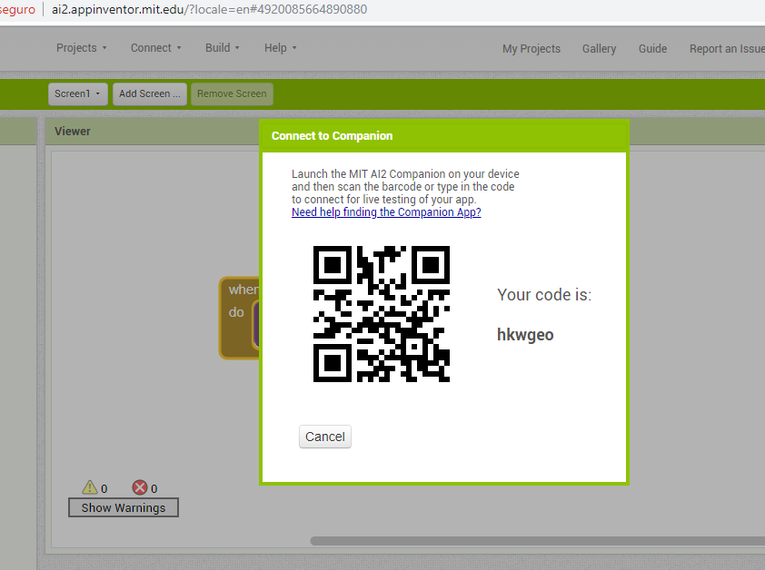 al companion app inventor codigo qr