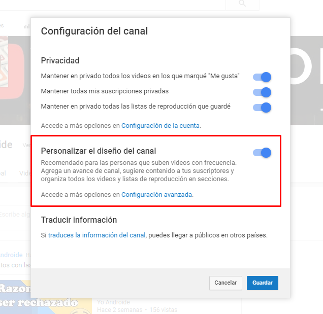 activar diseño personalizado de un canal de Youtube