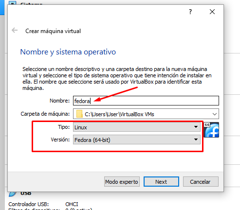 configuración fedora virtualbox