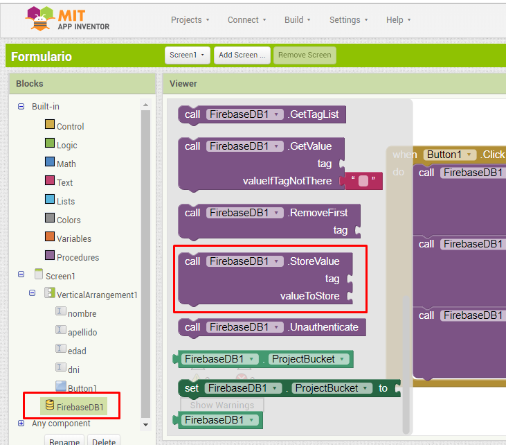 firabse y app inventor bloques