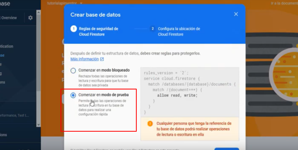 crear base de datos firebase crear modo de prueba