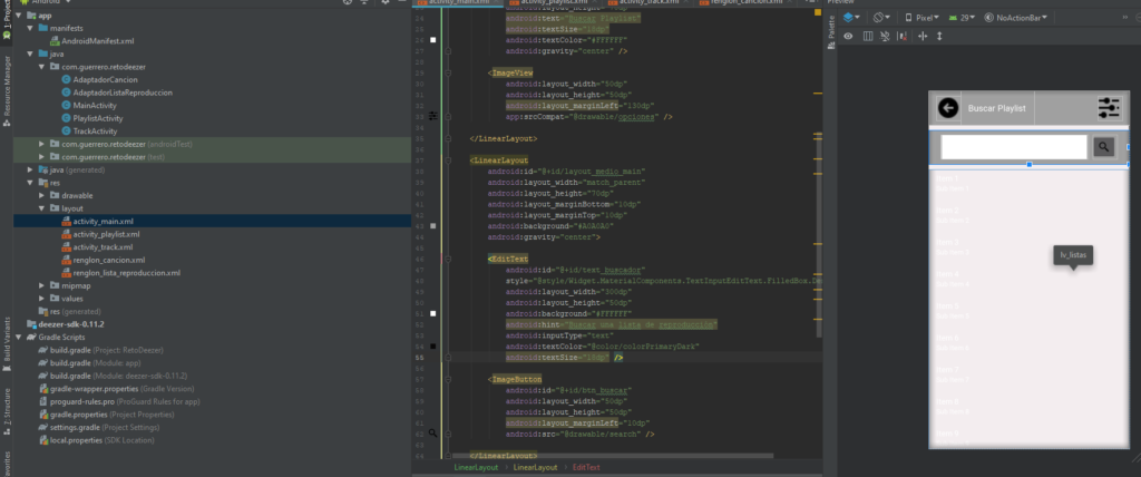 pantalla principal aplicacion android studio dezzer