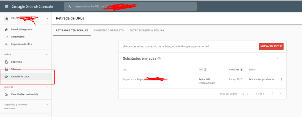 retirar una url de la search console