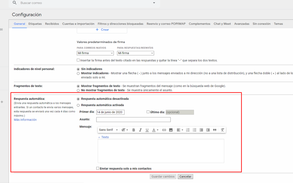 activar respuesta automática en gmail