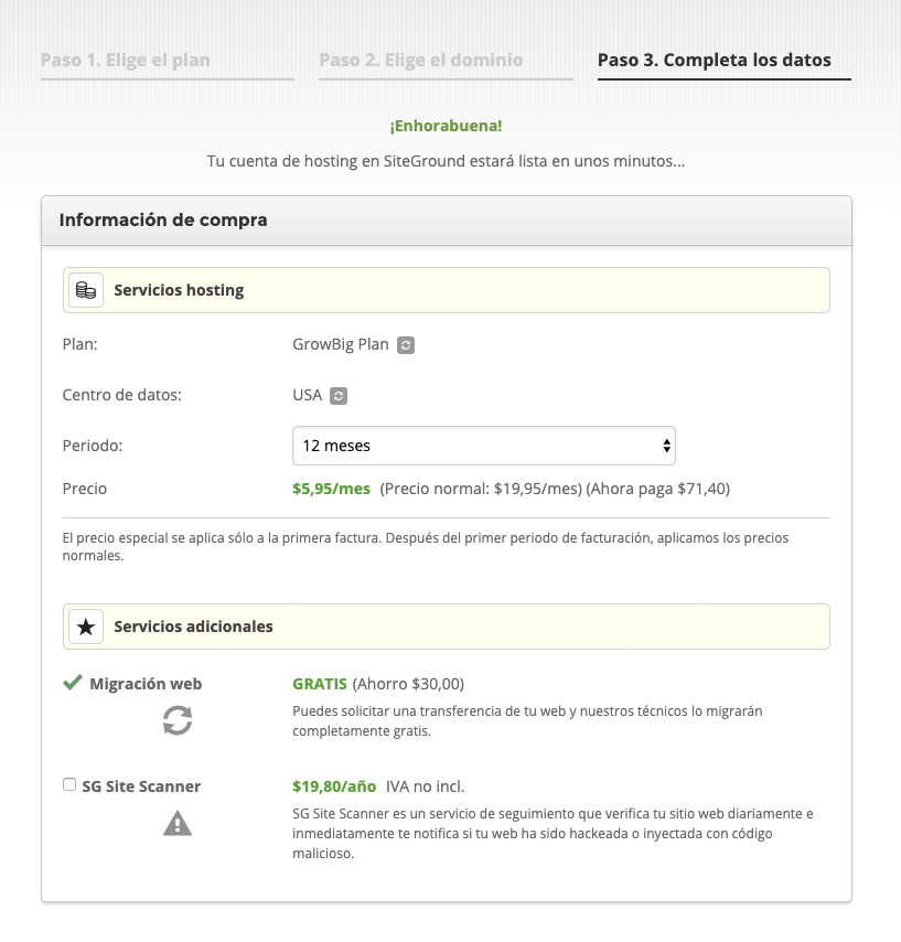 pagar hosting y dominio en siteground